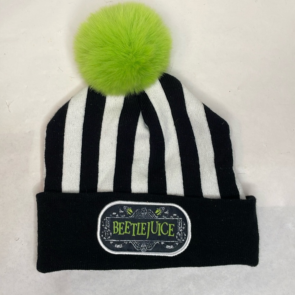Beetlejuice Black & White Striped Cuffed Beanie Hat Green Faux Fur Pom